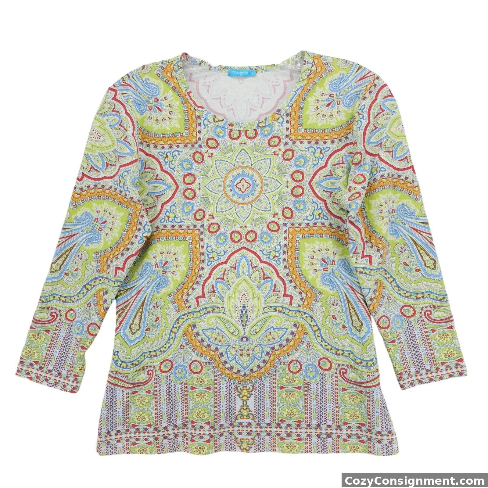 J. McLaughlin CATALINA CLOTH 3/4 Sleeve Top Stretch Colorful Geometric SMALL