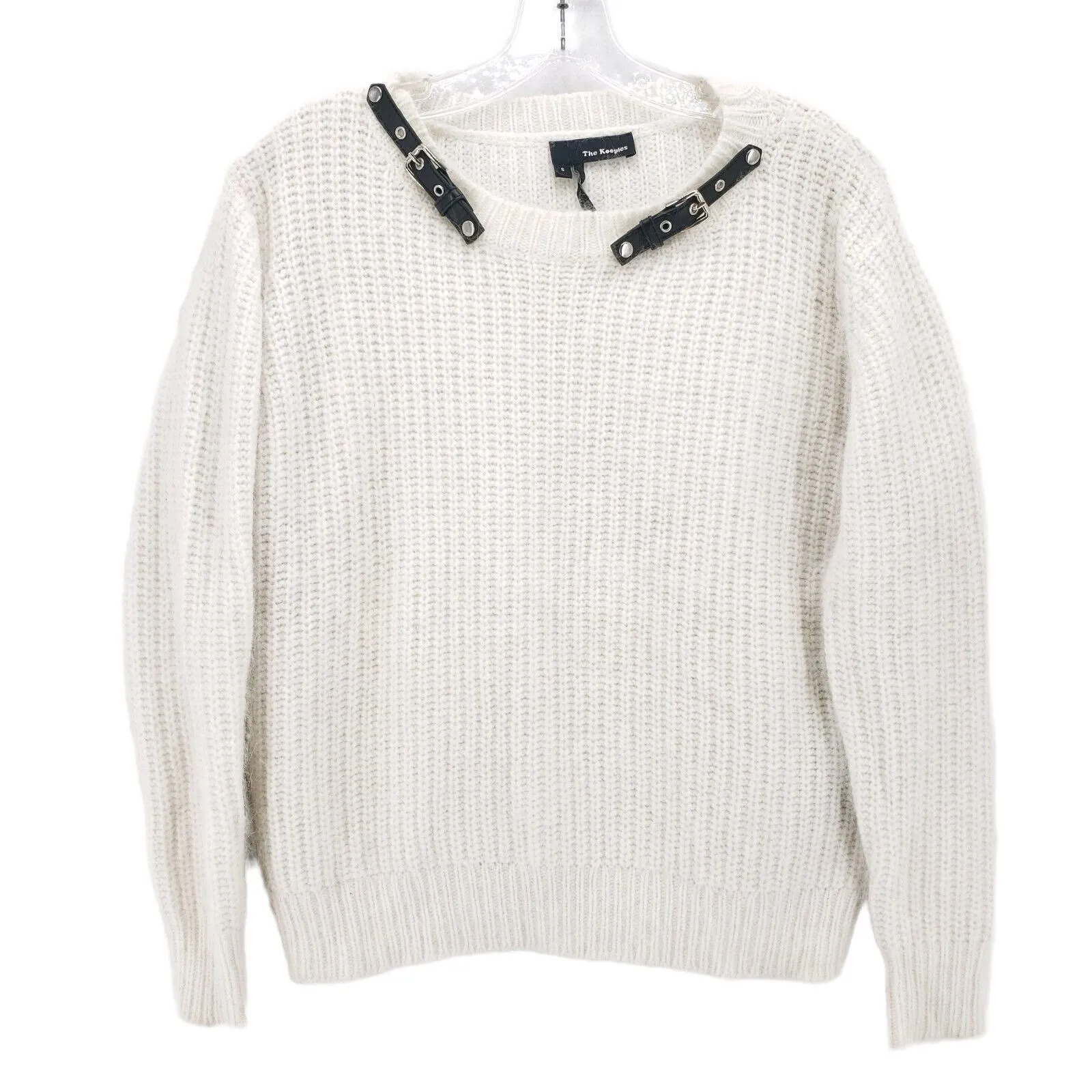 The Kooples Ivory White Fuzzy Angora Blend Sweater Leather Buckle SMALL