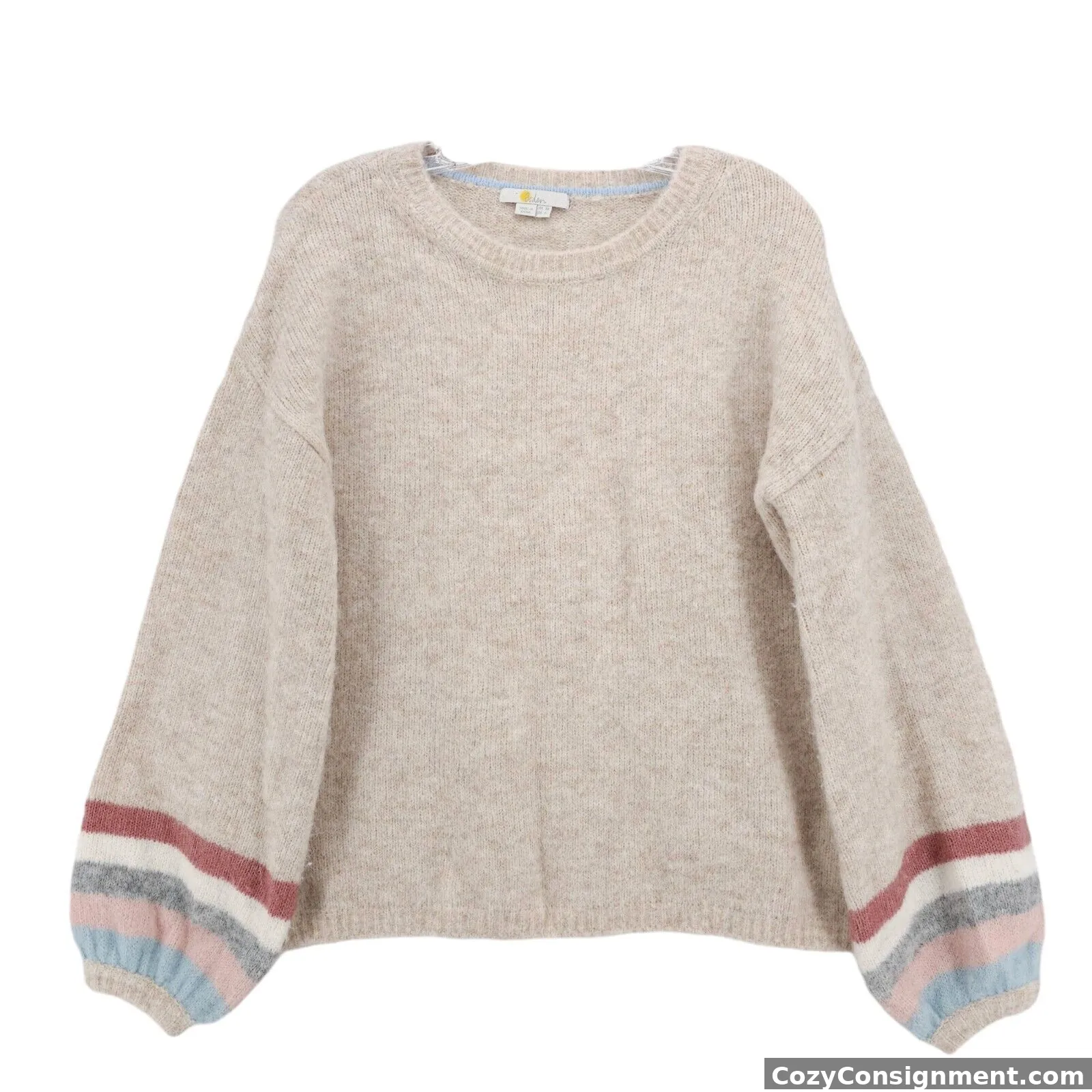 BODEN "Fluffy Stripe Sweater" Beige Heather Balloon Sleeve Poly Wool Alpaca US 6