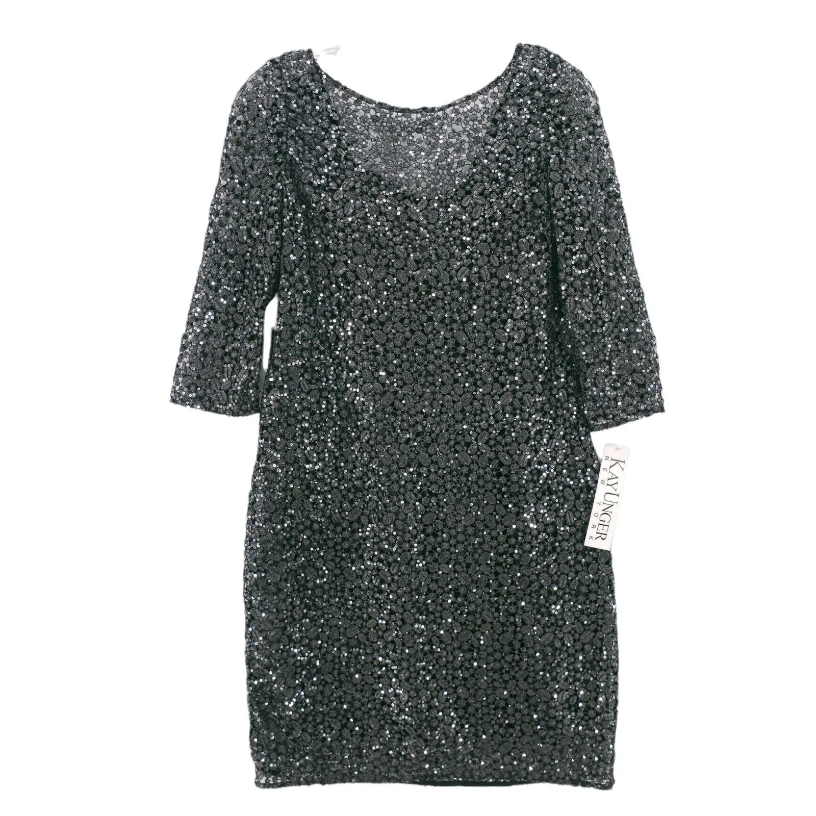 Kay Unger New York Sequined Mesh Sheath Dress Smoke Gray NWT Size 4