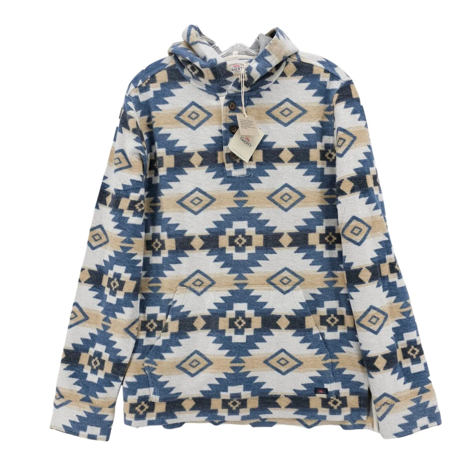 NWT FAHERTY Pacific Hoodie DGF Blue Star Southwestern Tribal Pattern Mens MEDIUM