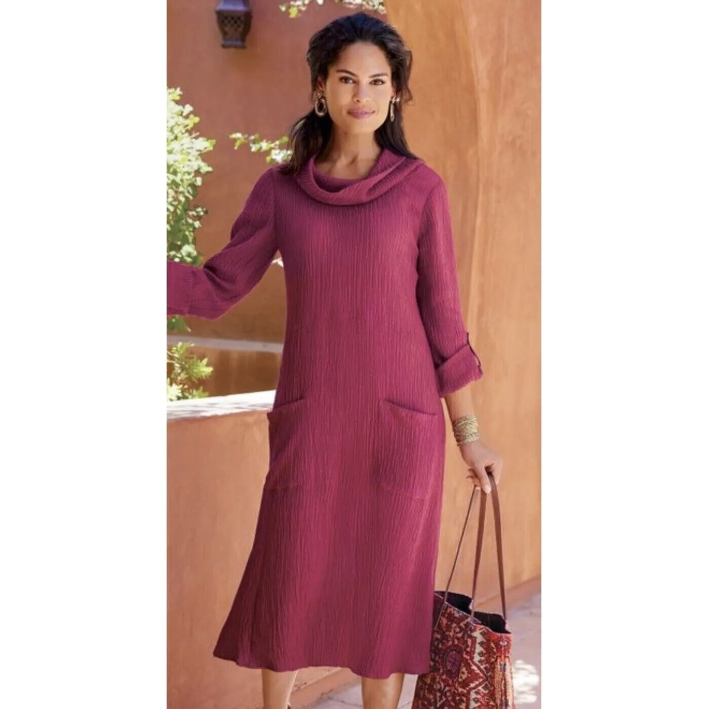 NWT SOFT SURROUNDINGS Everly Gauze Midi Dress Berry Pockets Relaxed Fit SMALL