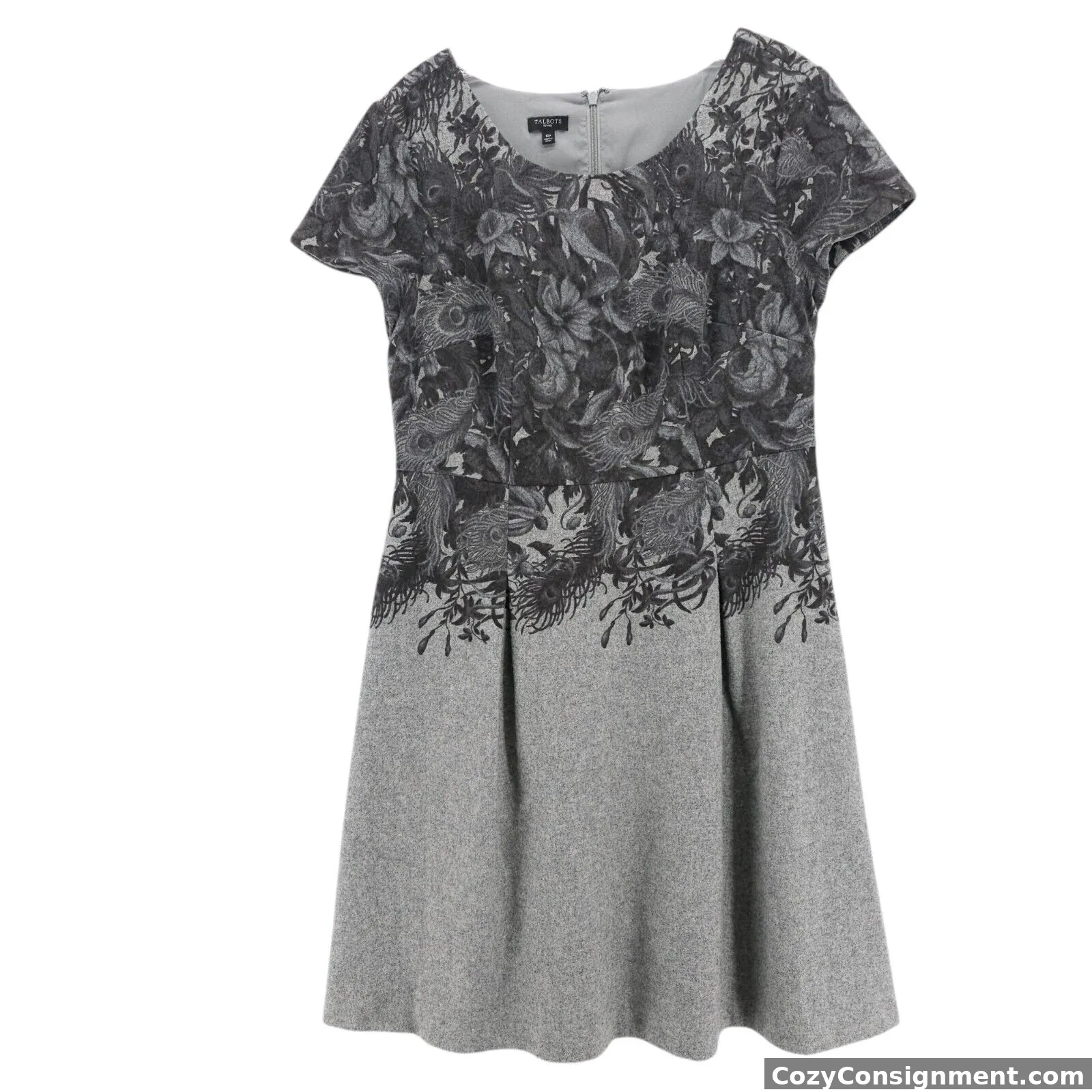 TALBOTS Wool Blend Gray Floral Dress Fit Flare Size PETITE 10P