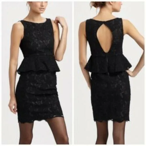 Alice+Olivia Josephine Peplum Lace Dress Black Keyhole Back Cutout EUC Size 10