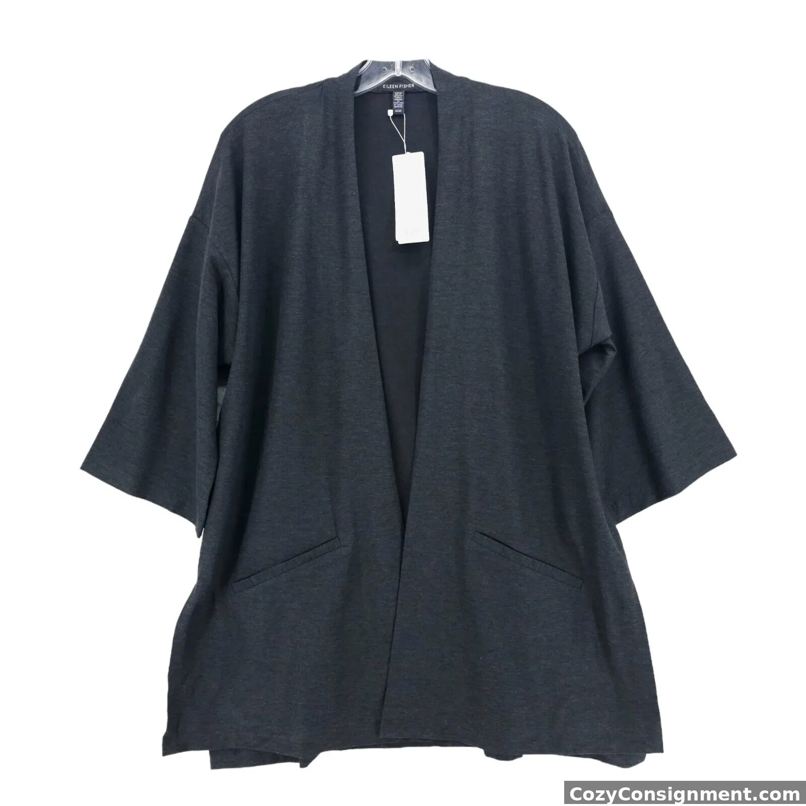 NWT EILEEN FISHER Charcoal High Collar Boxy Jacket Open Stretch Crepe MEDIUM