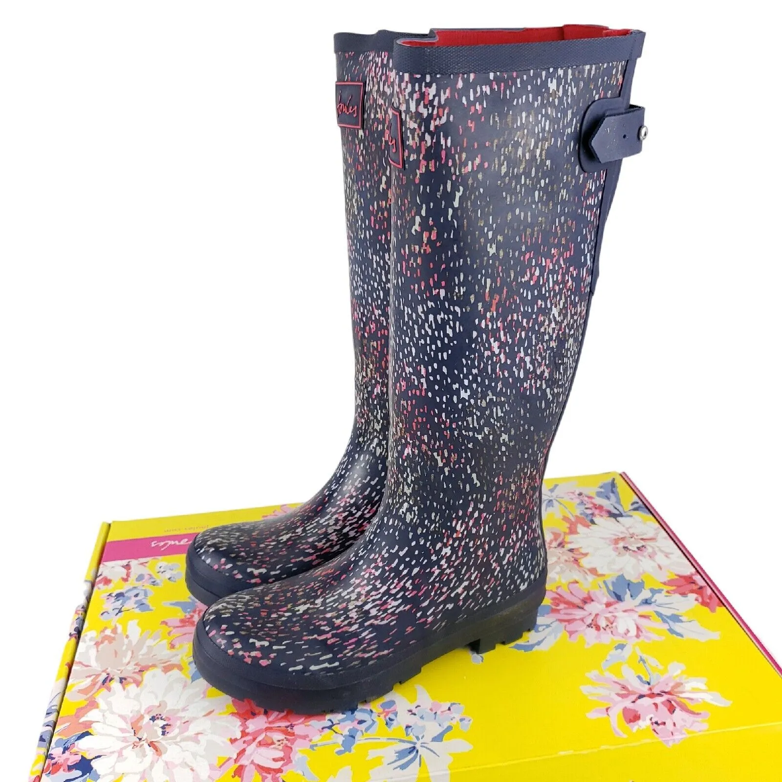 NWT JOULES Welly Print Tall Rain Boots NAVY RAIN Size 37 - US 6