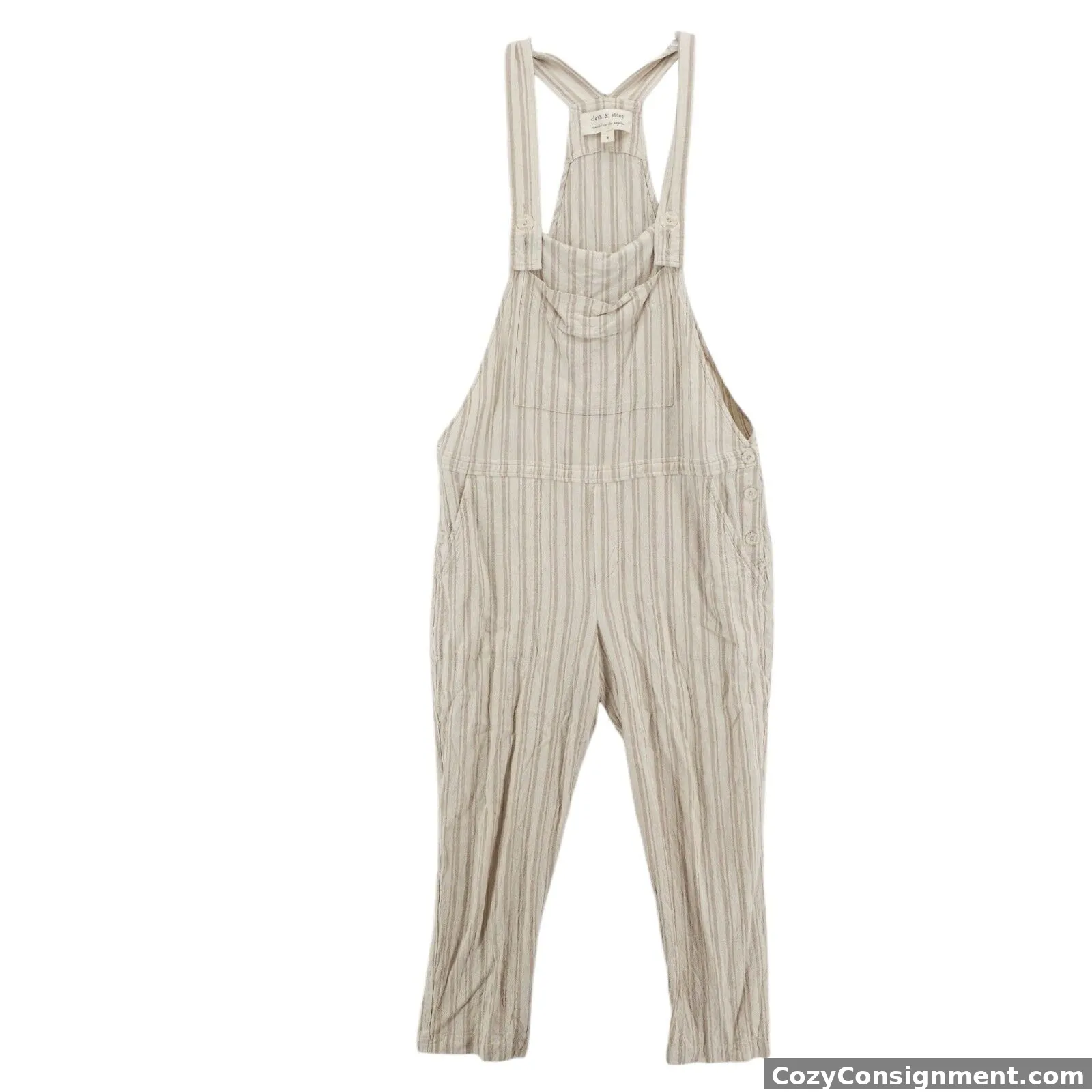 Anthropologie Cloth & Stone Rayon Linen Beige Tan Striped Jumpsuit Overall SMALL