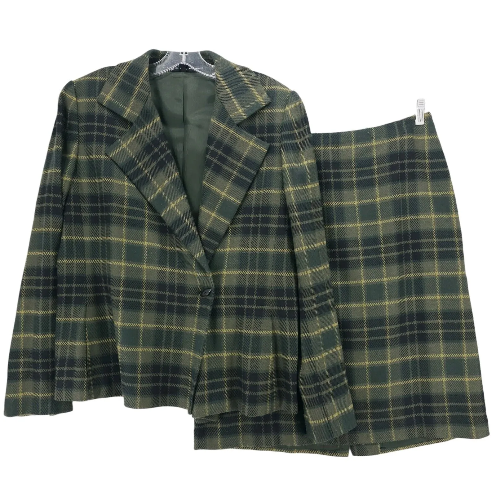 Linda Allard Ellen Tracy 2-Piece Skirt Suit Green Plaid Wool Cashmere Vintage 14