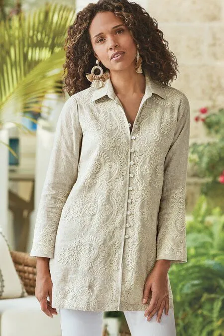 SOFT SURROUNDINGS Embroidered Beige Kamal Rayon Linen Tunic Top NWT Size XS