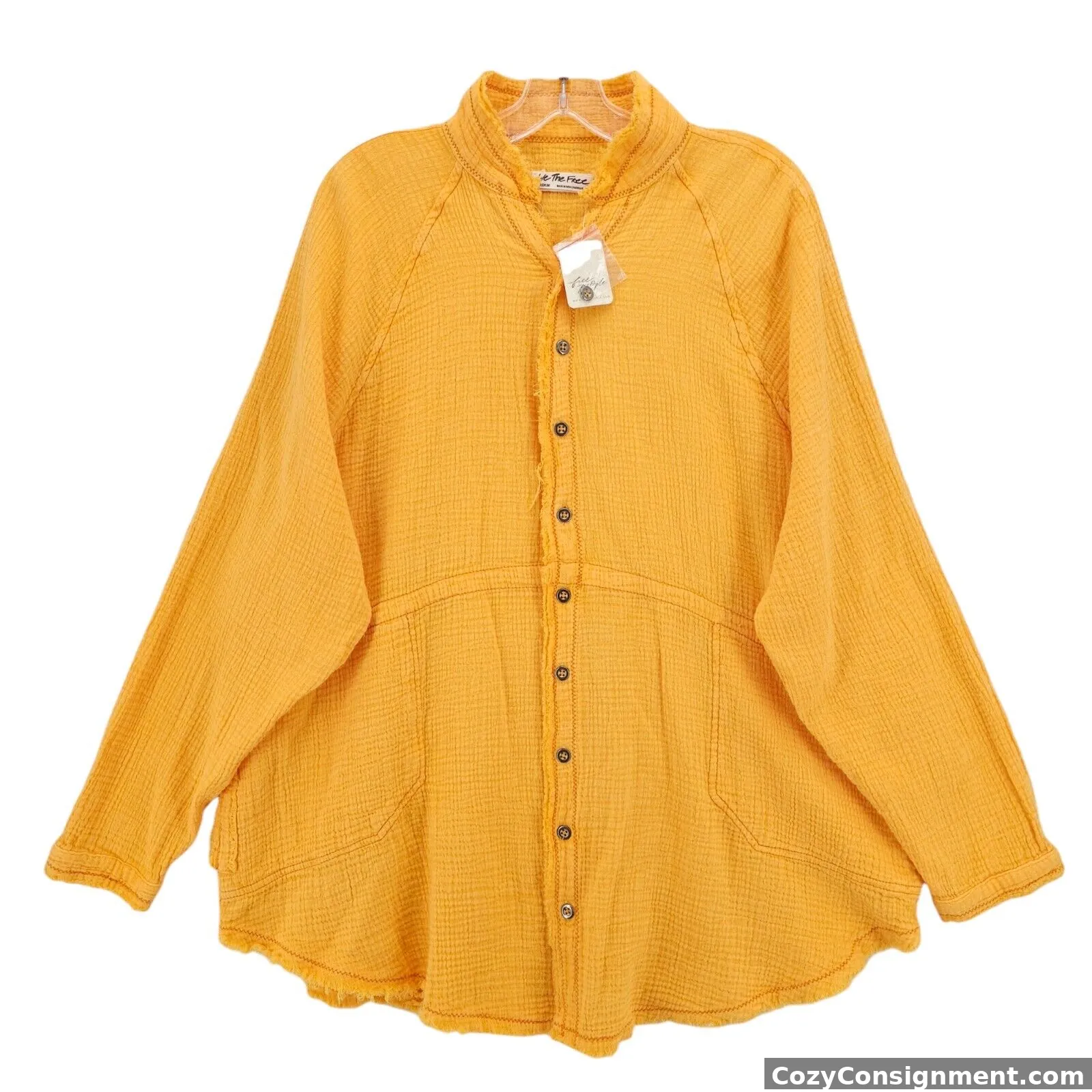 NWT FREE PEOPLE We the Free Summer Daydream Frayed Gauze Shirt Papaya Yellow MED