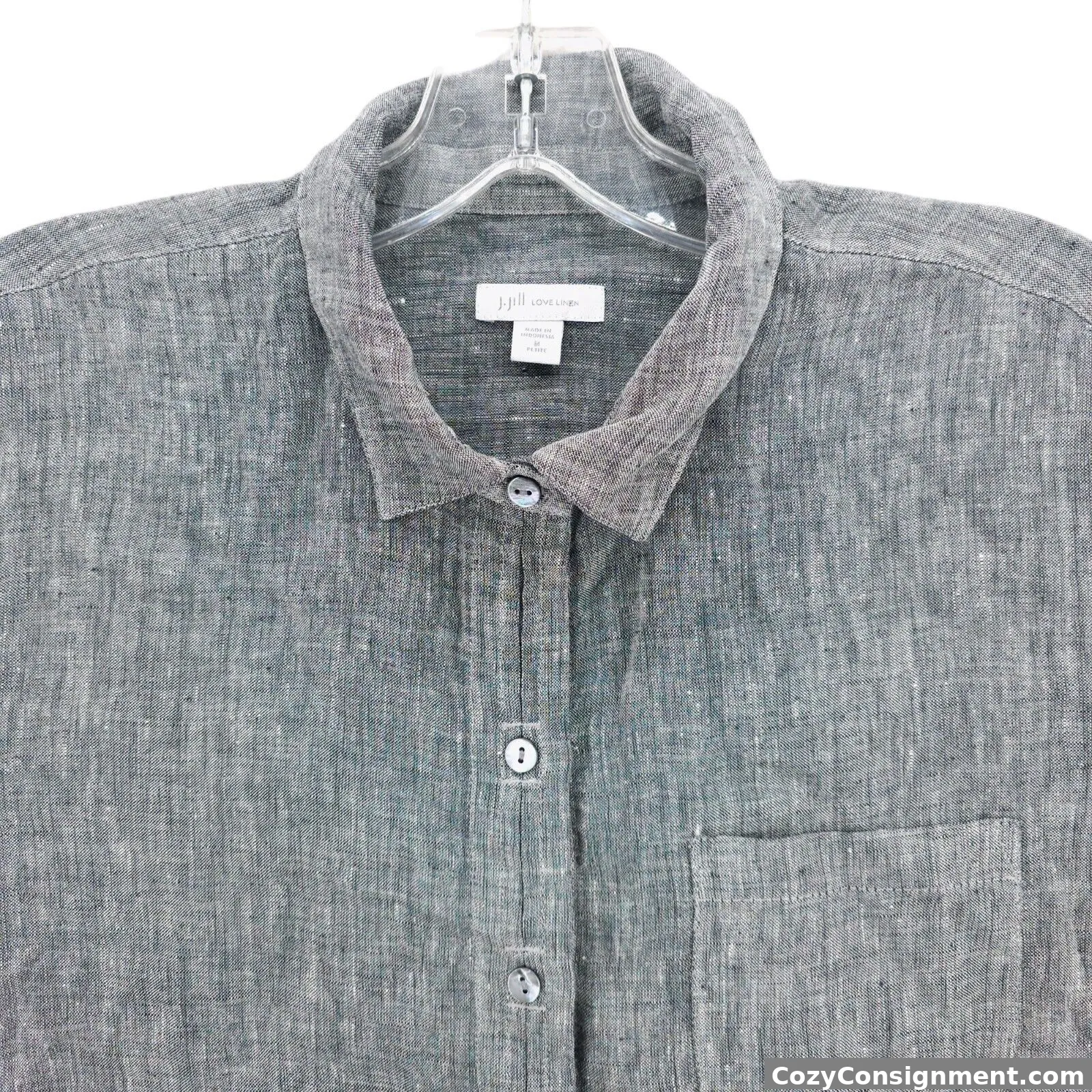 J. JILL 100% Linen Heather Gray Woven Long Sleeve Shirt Button Up PETITE MEDIUM