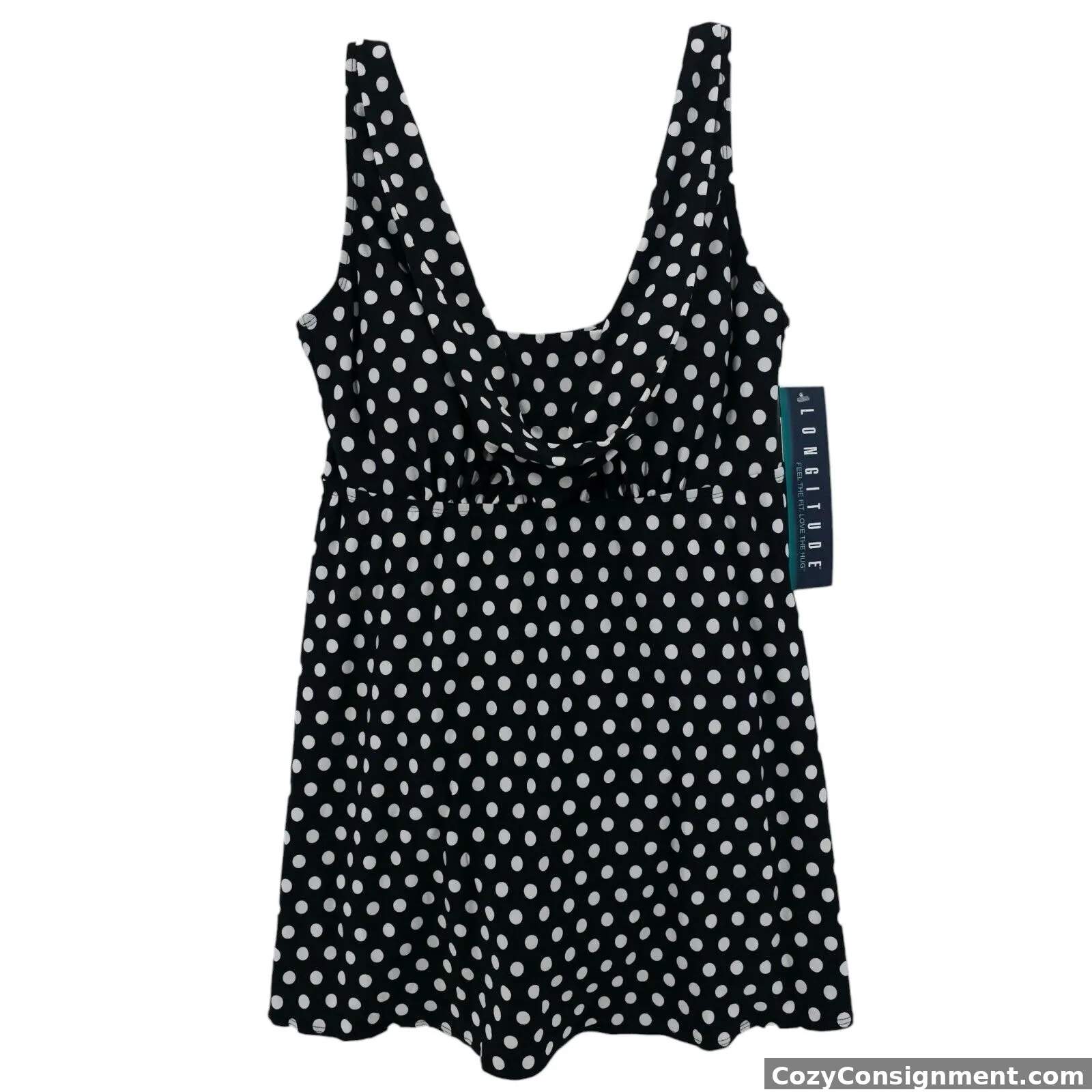 NWT LONGITUDE Many Moons Cowl Neck Soft Cup Long Torso Swimdress Polka Dot Sz 10