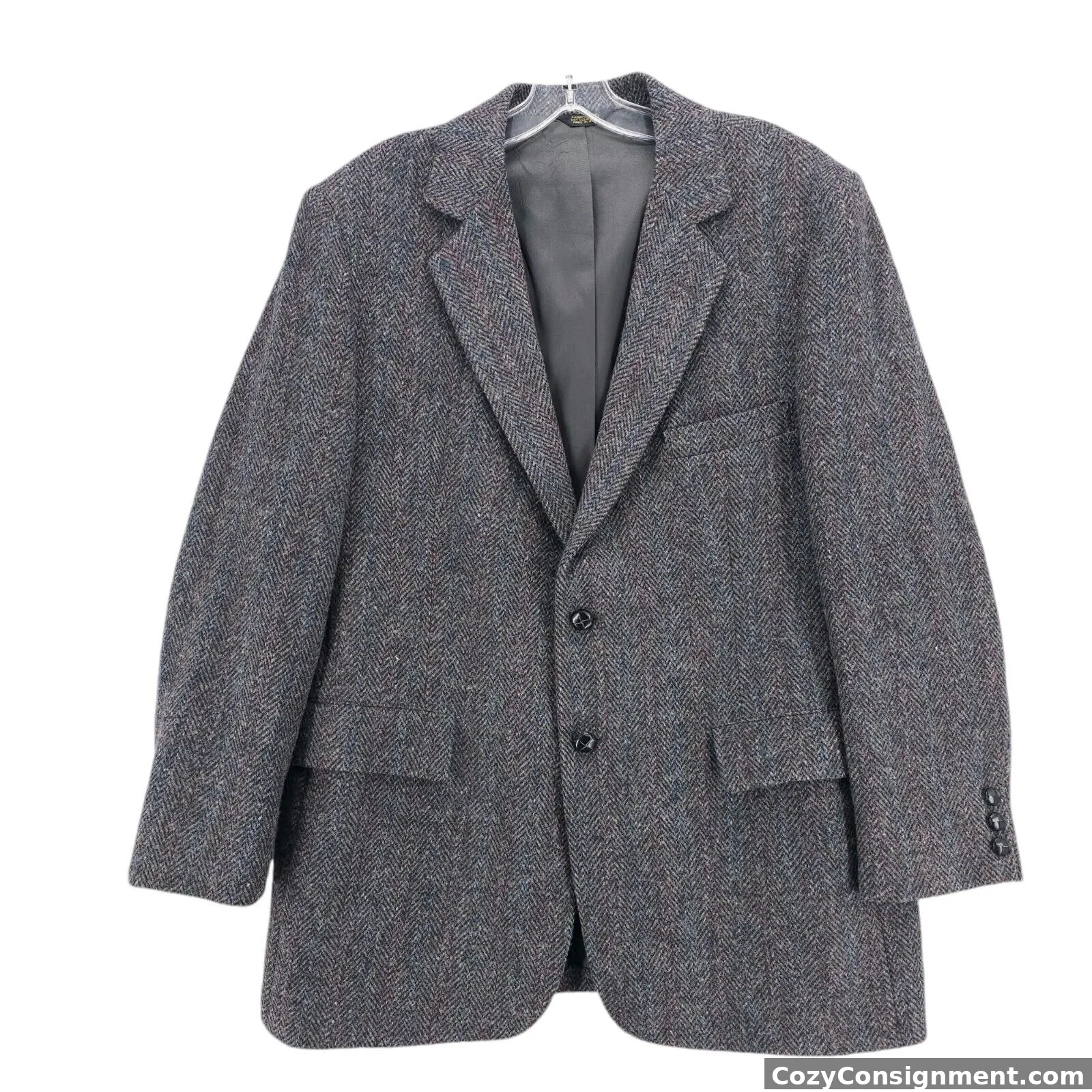 HARRIS TWEED Gray Herringbone Wool Blazer Sport Coat Red Blue Stripe Size 44R