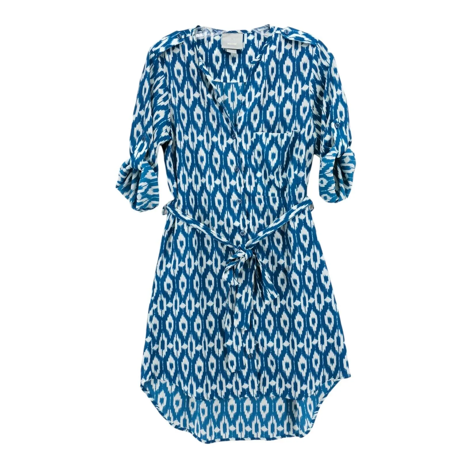 Anthropologie Maeve Ikat Frequencies Shirt Dress Blue White Belted Hi Lo Hem XS