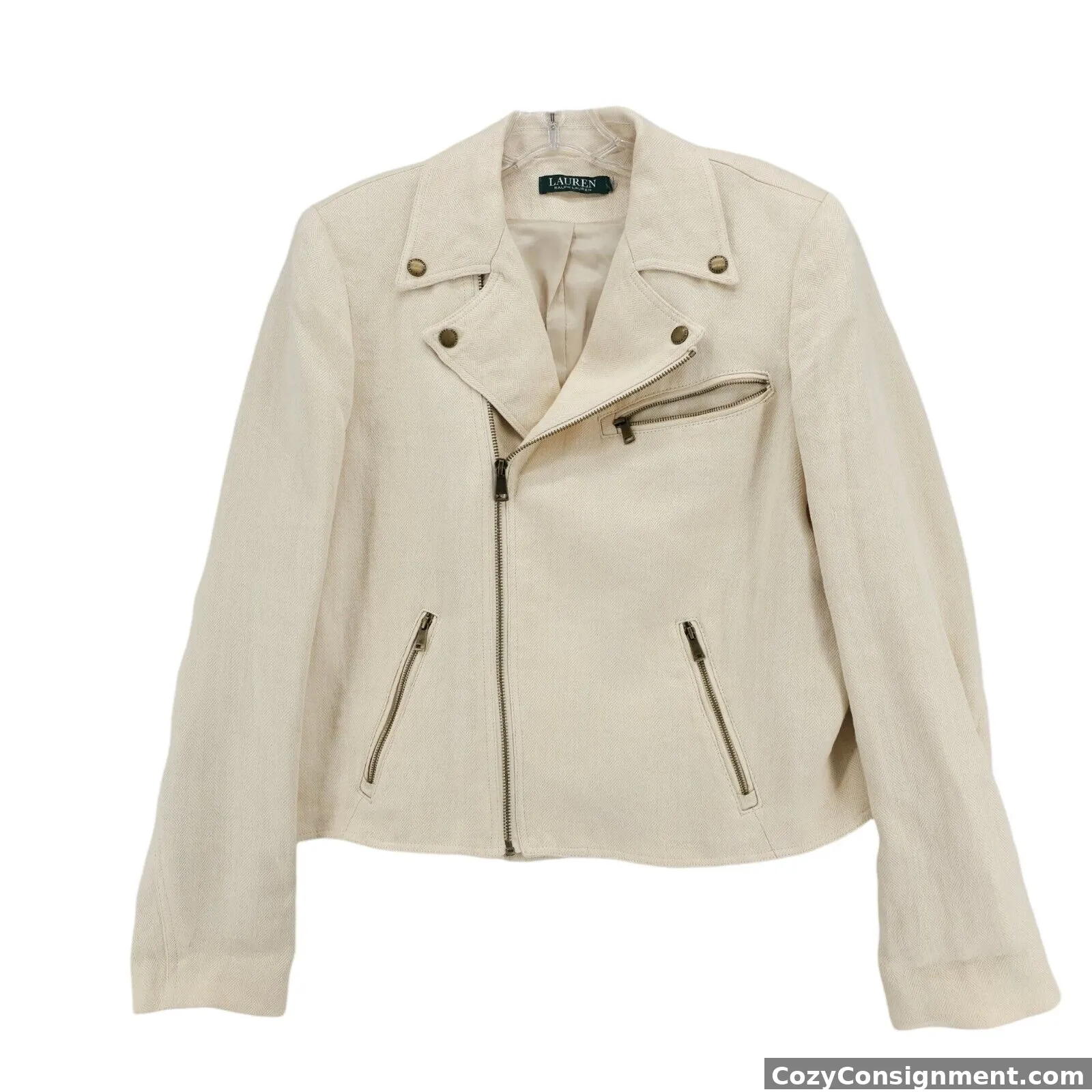 LAUREN RALPH LAUREN 100% Linen Moto Jacket Tan Cream Herringbone LARGE