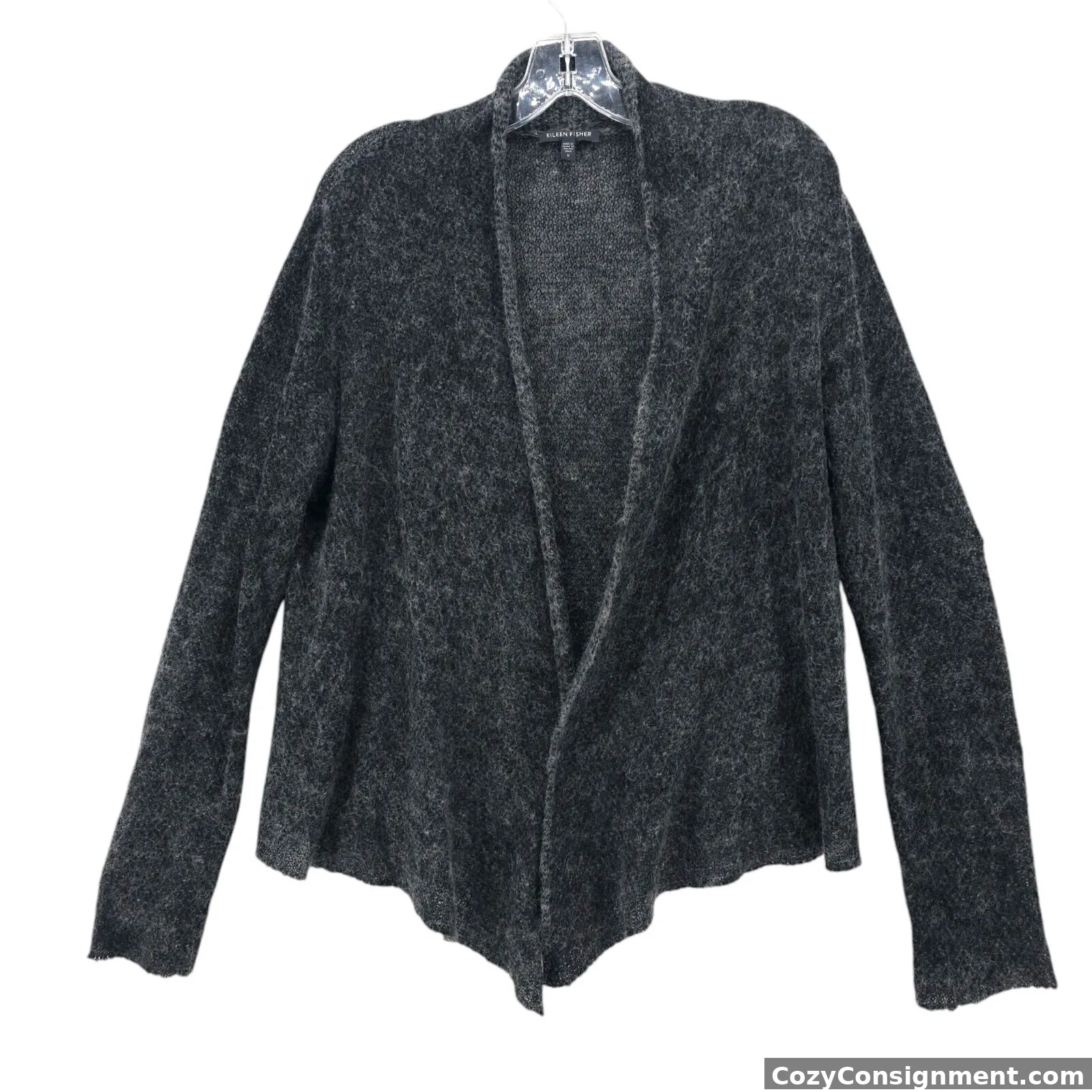 EILEEN FISHER Dark Gray Melange Open Cardigan Wool Mohair Cashmere Fuzzy SMALL