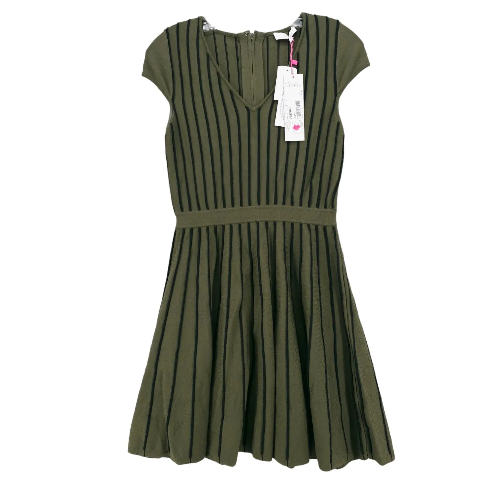 NWT PARKER Knit Dress Olive Green Black Stripe Fit & Flare Stretch MEDIUM