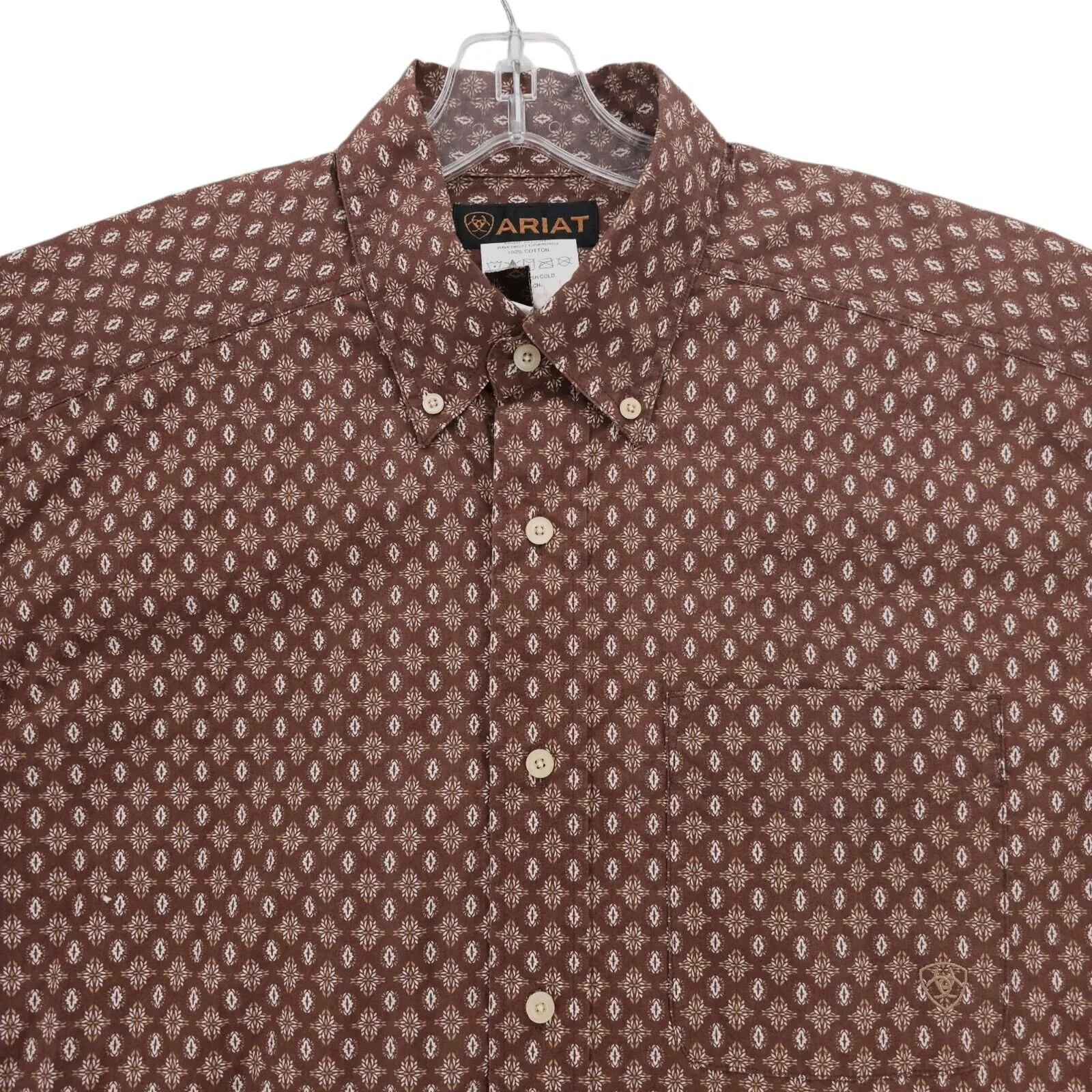 ARIAT Brown Emerson Print Button Down Shirt All Over Pattern 100% Cotton LARGE