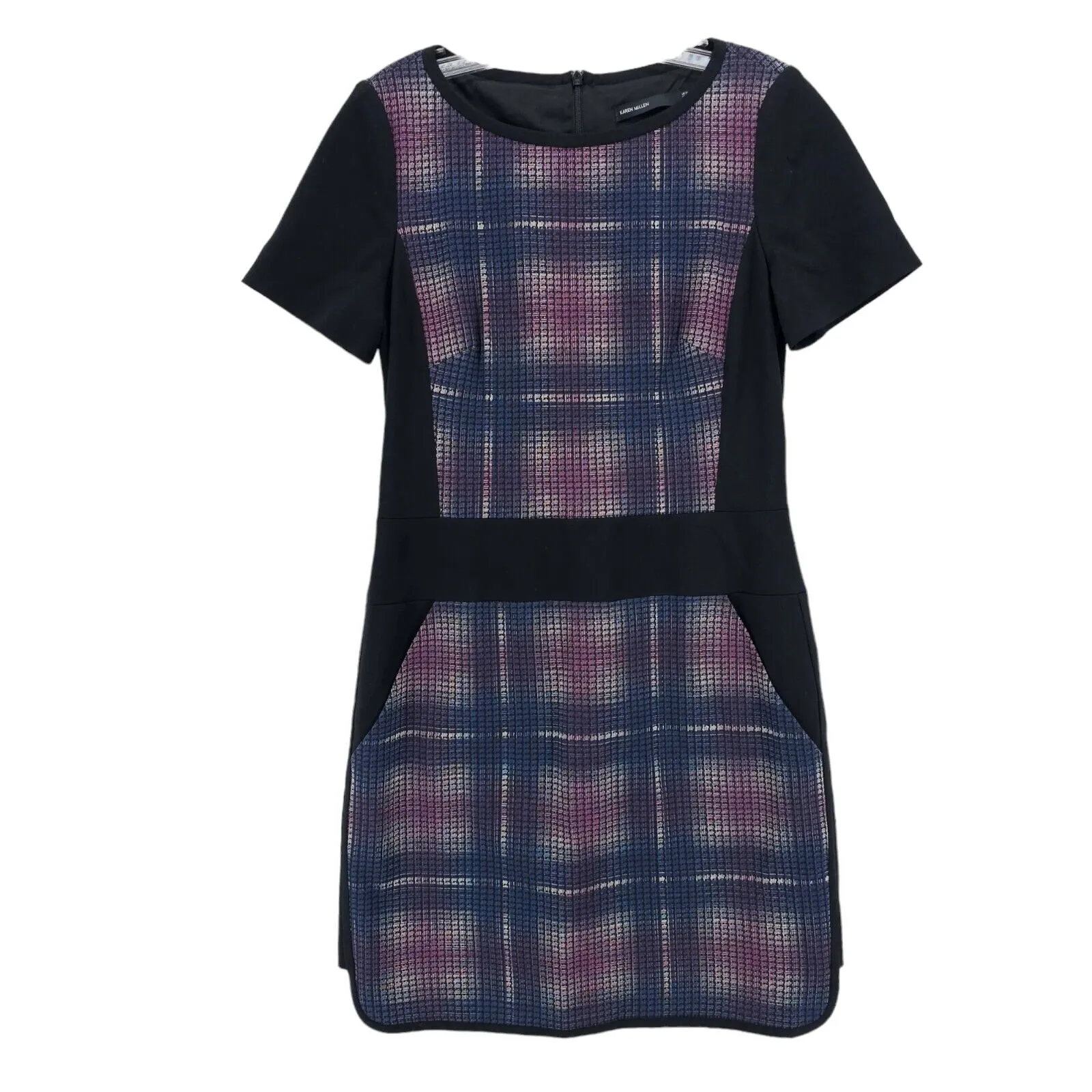 KAREN MILLEN Sheath Dress Black Purple Blue Plaid Panels Size US 8