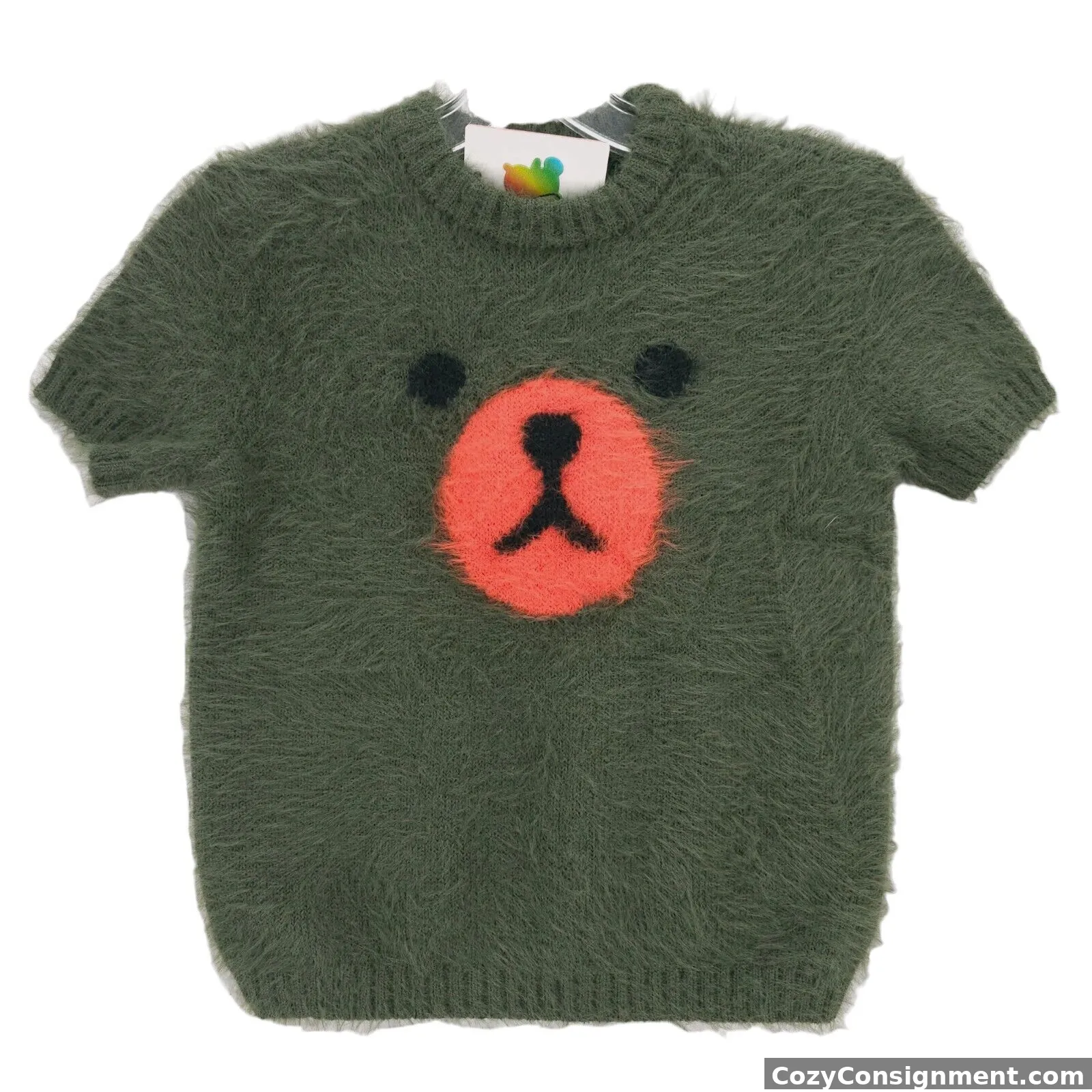 NWT TEDDY FRESH Short Sleeve Fluffy Bear Sweater Green Orange Fuzzy Size XS