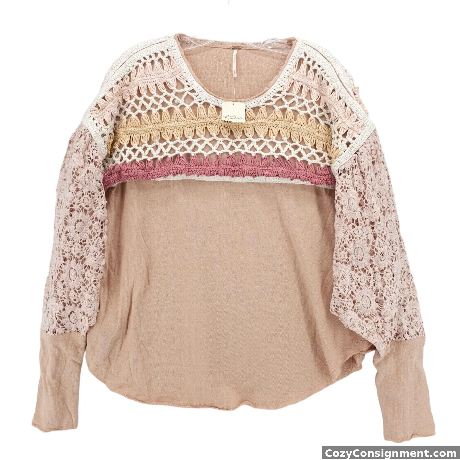 NWT Free People High Hopes Crochet Top Lace Sleeve Brown Sugar Oversized SMALL