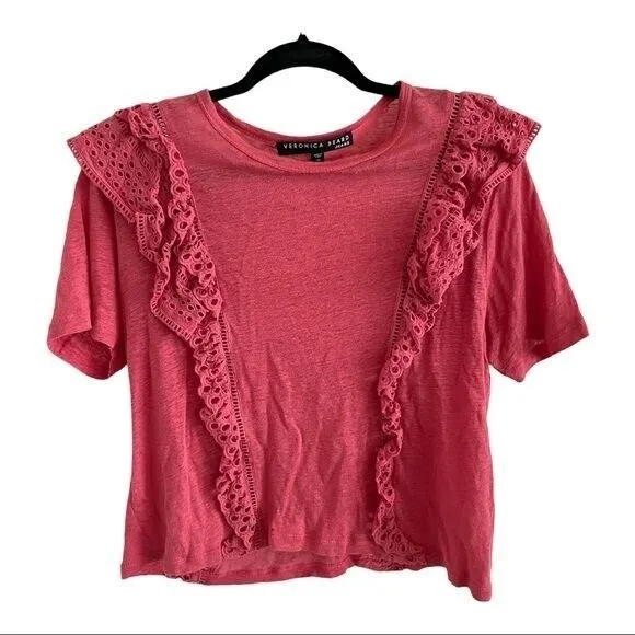 VERONICA BEARD Coral Pink Red Linen Ruffle Eyelet Crochet Tee Size MEDIUM