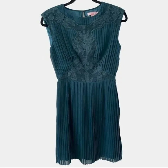 TED BAKER Stunning Teal Pleated Lace Detail Cocktail Dress Size 1 - US 4