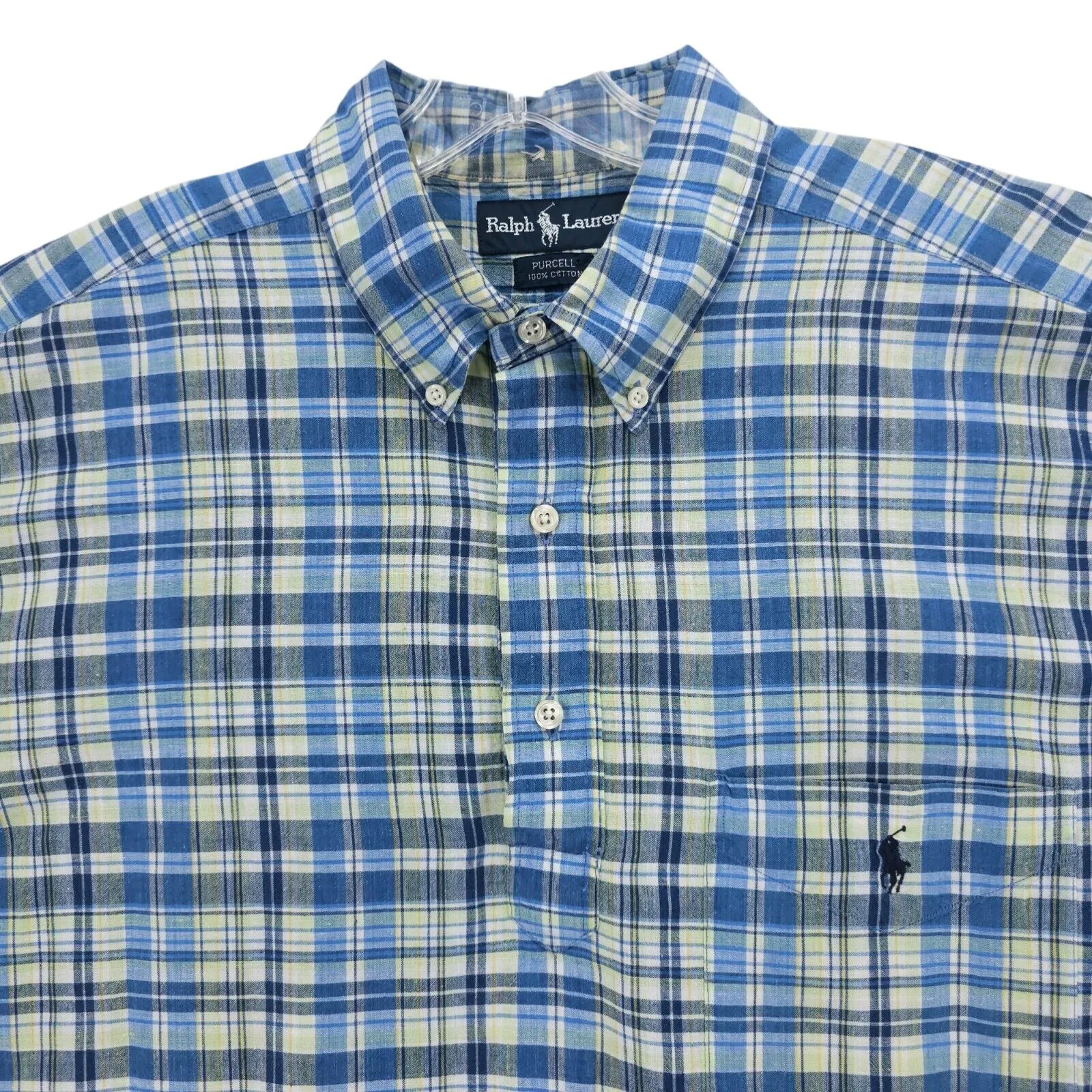 RALPH LAUREN Popover Purcell 100% Cotton Blue Yellow Plaid SS Shirt Pony LARGE