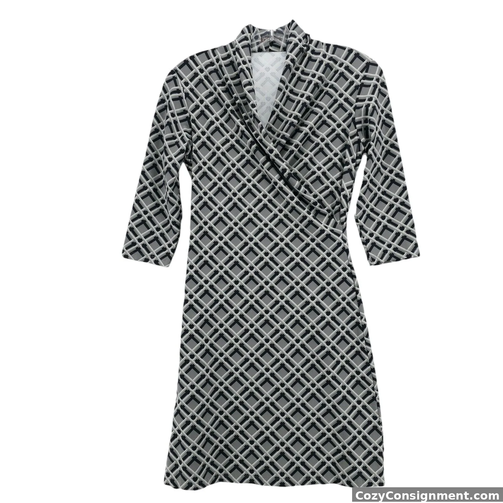 J. McLAUGHLIN Catalina Cloth Dress Stretch Gray Geometric Faux Wrap XS