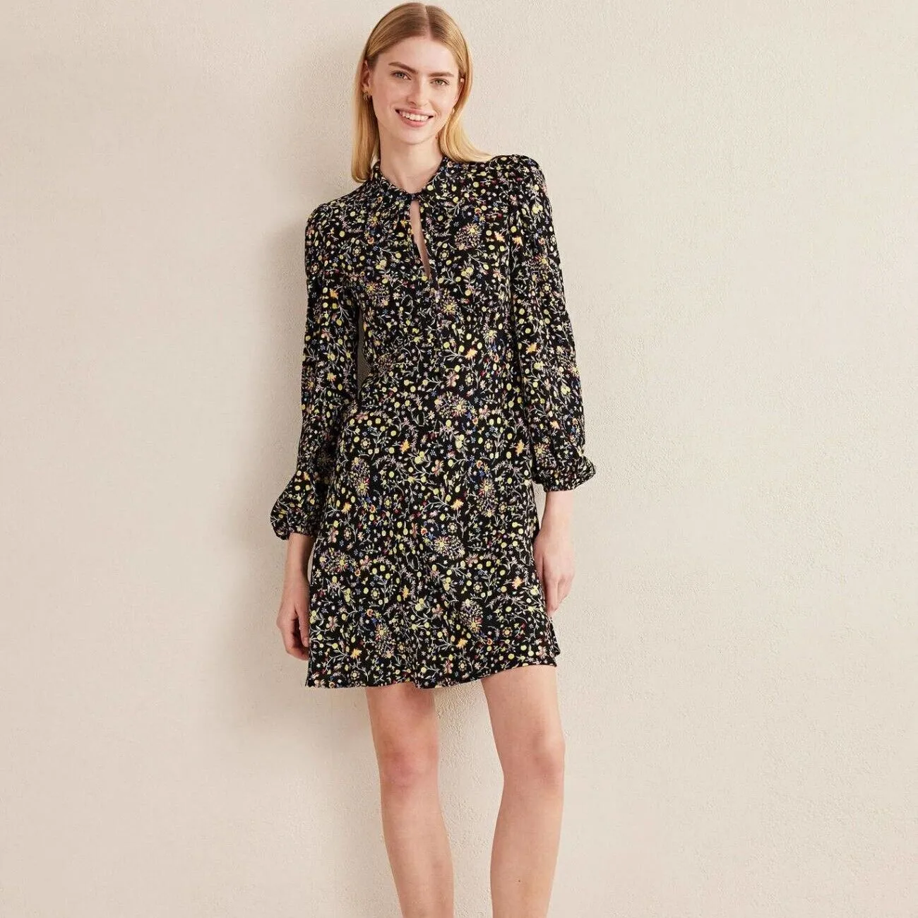 NWT BODEN Tie Neck Shirt Dress Black Floral Fit Flare Balloon Sleeve Size US 8