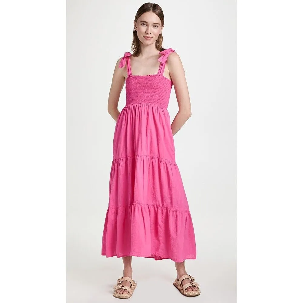 NWT XIRENA Lorraine Pink Midi Dress Tie Shoulder Smocked Tiered Pockets MEDIUM