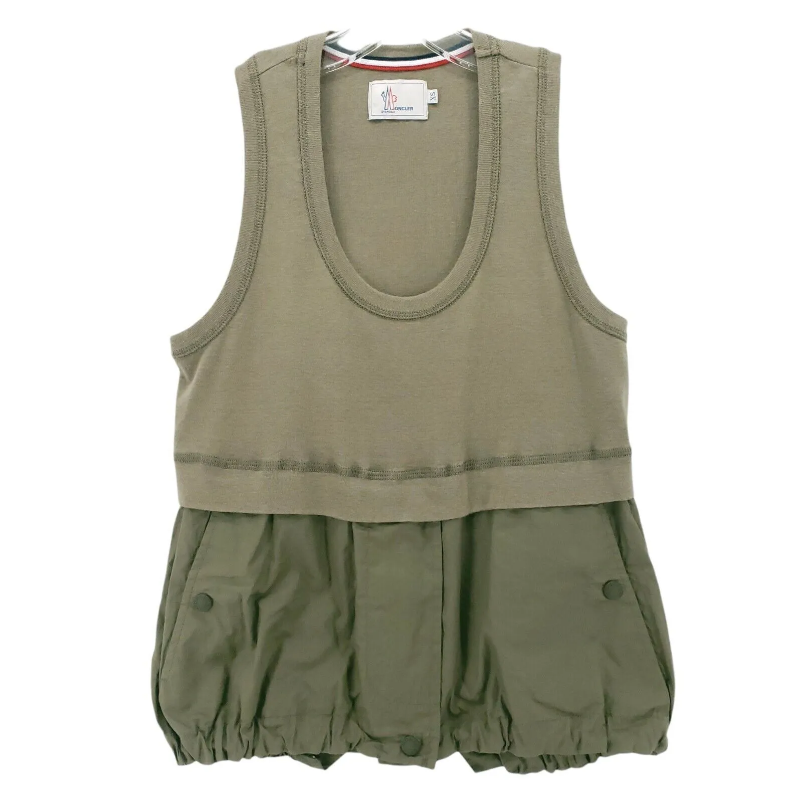 Moncler Canotta Women's Army Green Tank Top Bubble Hem Snap Drawstring EUC Sz XS