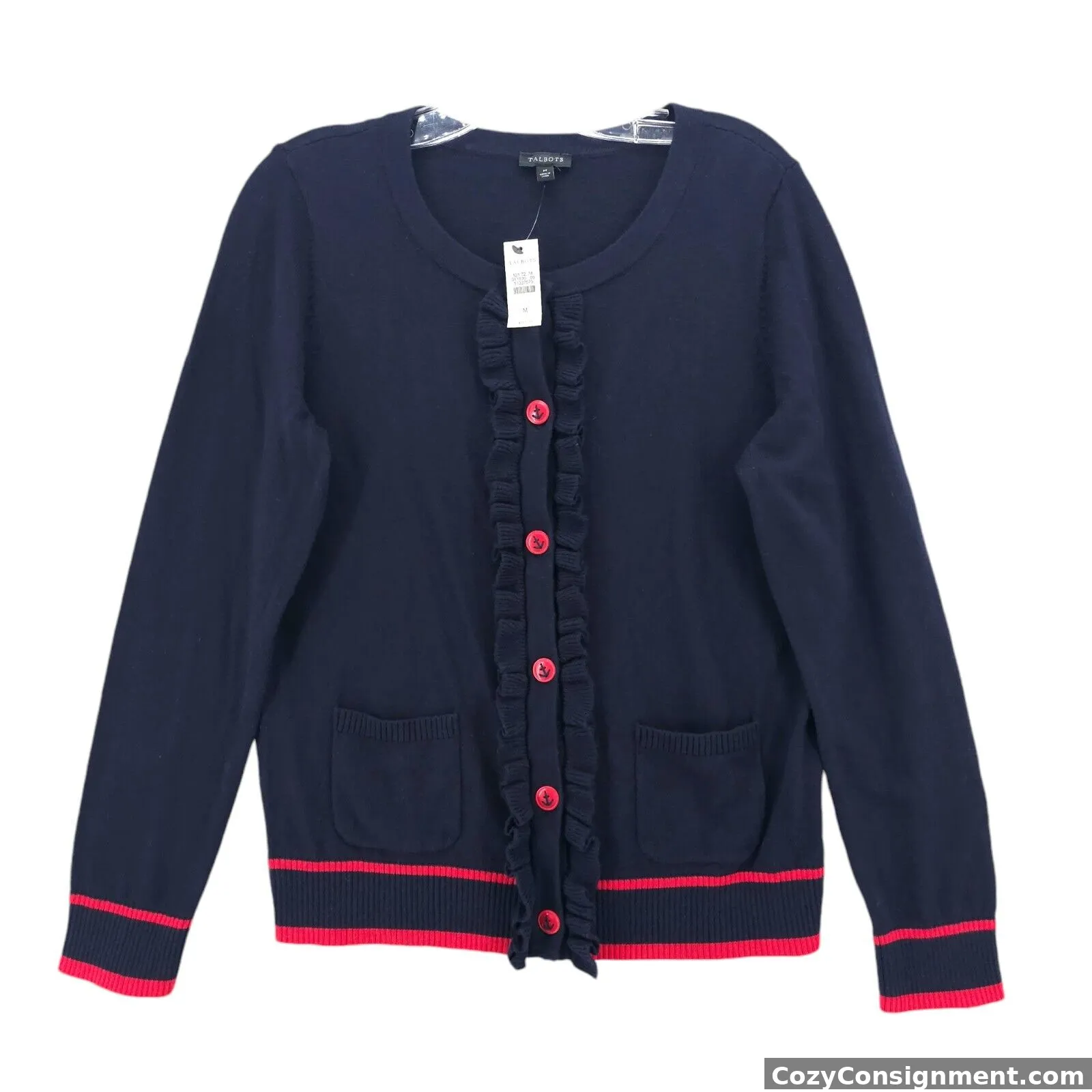 NWT TALBOTS Blue Red Cardigan Nautical Buttons Ruffle Knit Size MEDIUM