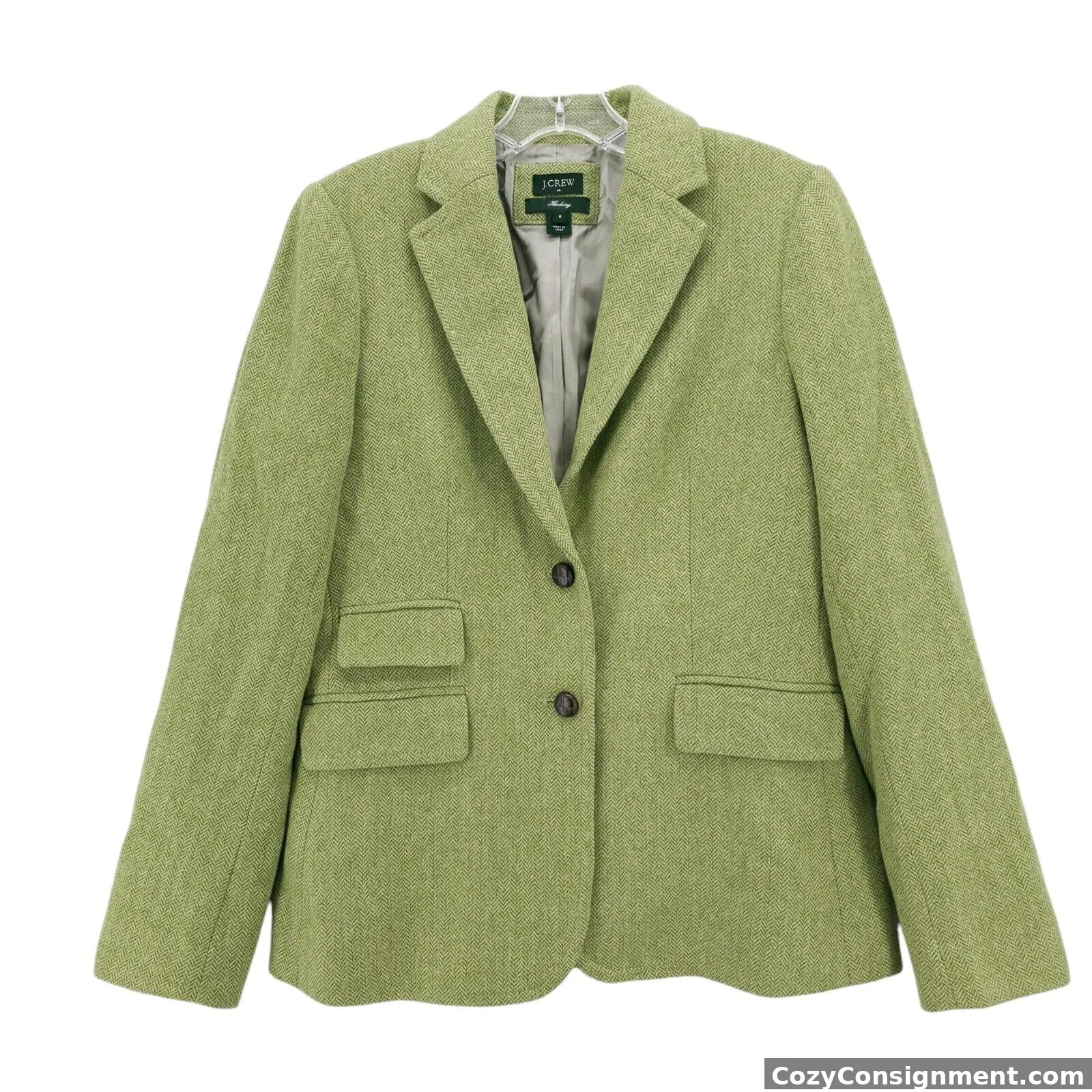 J. CREW Hacking Blazer Jacket Green Herringbone Wool Blend Size 8