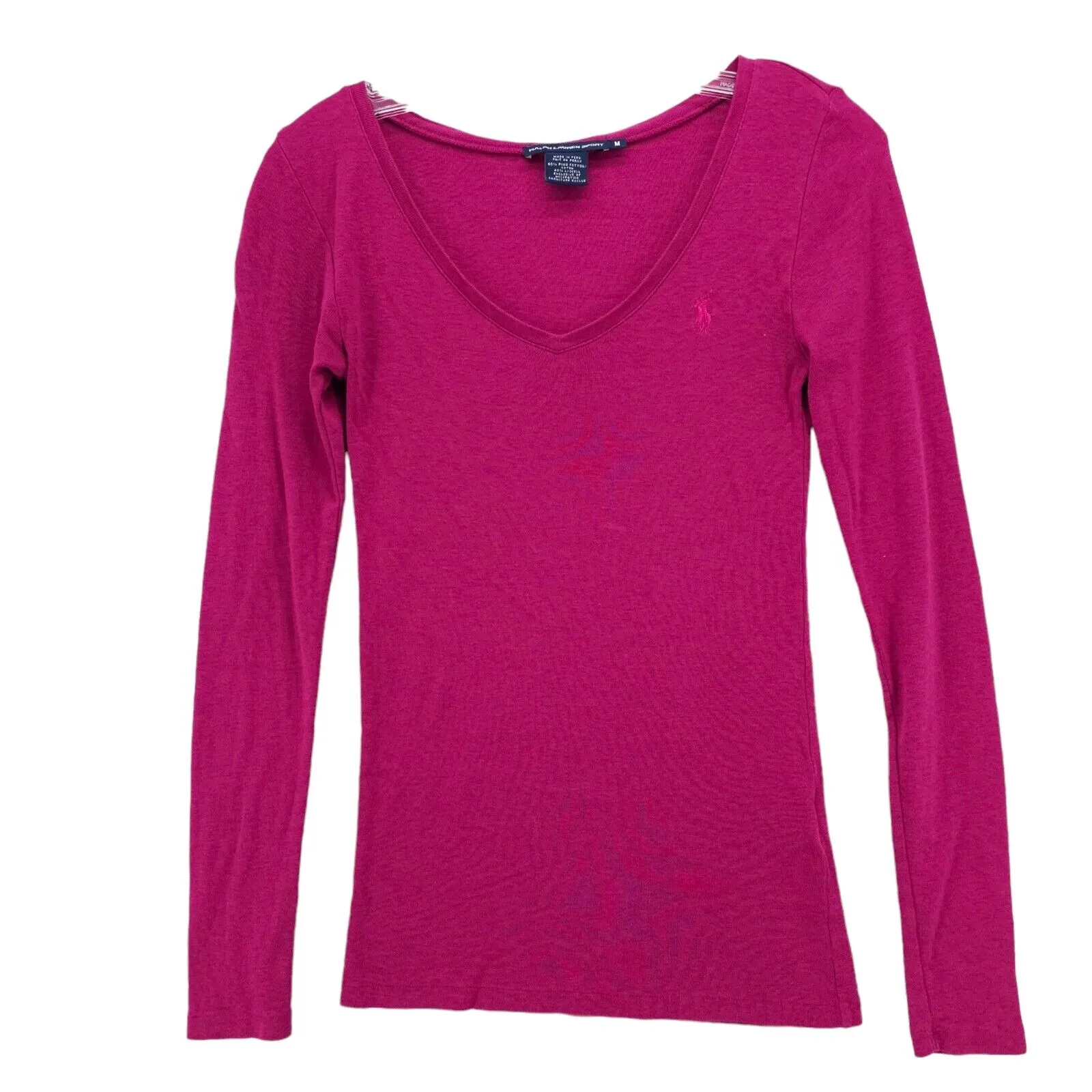 Ralph Lauren Sport Pima Cotton Lyocell V-Neck Long Sleeve Tee Fuchsia MEDIUM